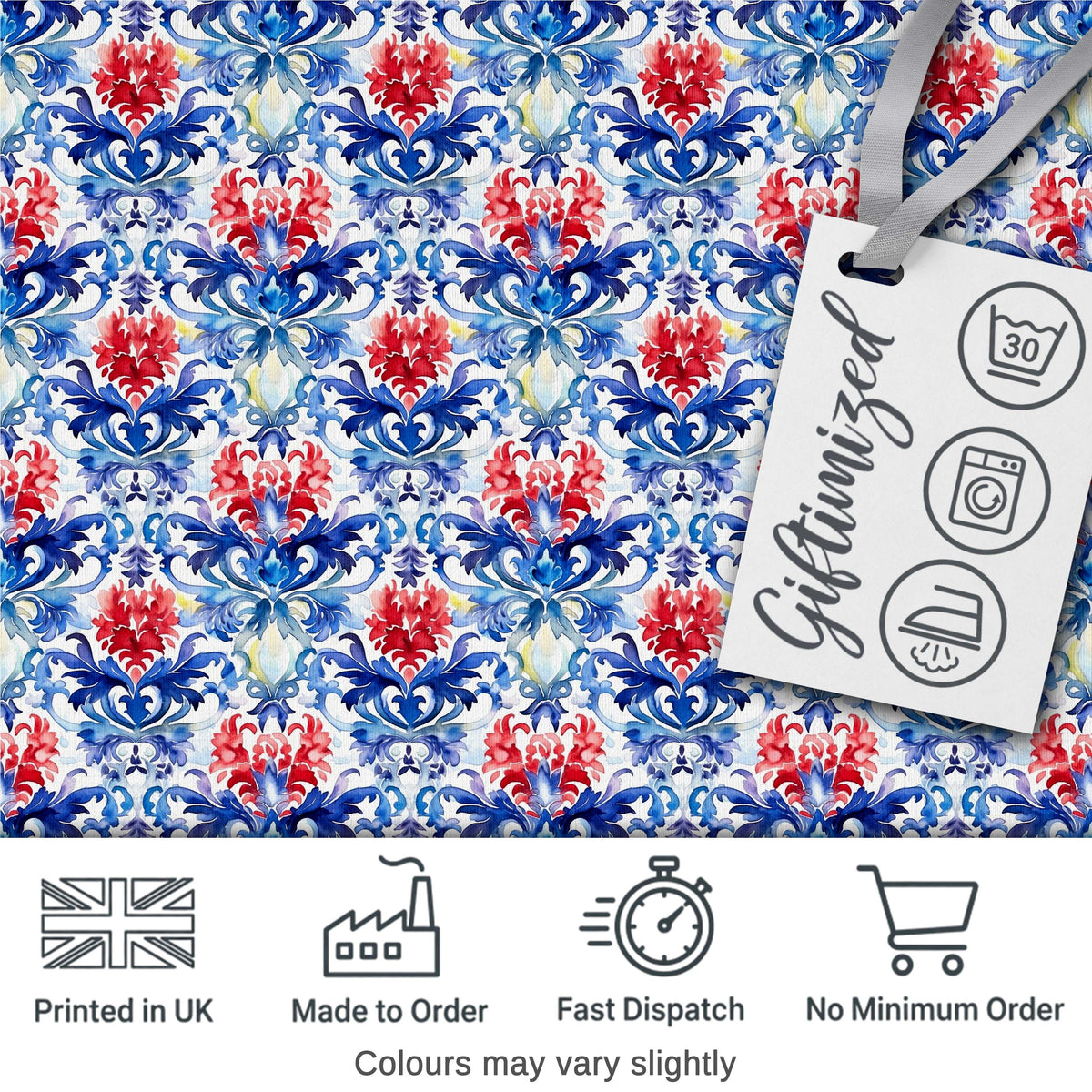 Elegant Blue and Red Watercolor Floral Damask Seamless Pattern Digital Print Fabric by the Metre UK Sewing Quilting Textile