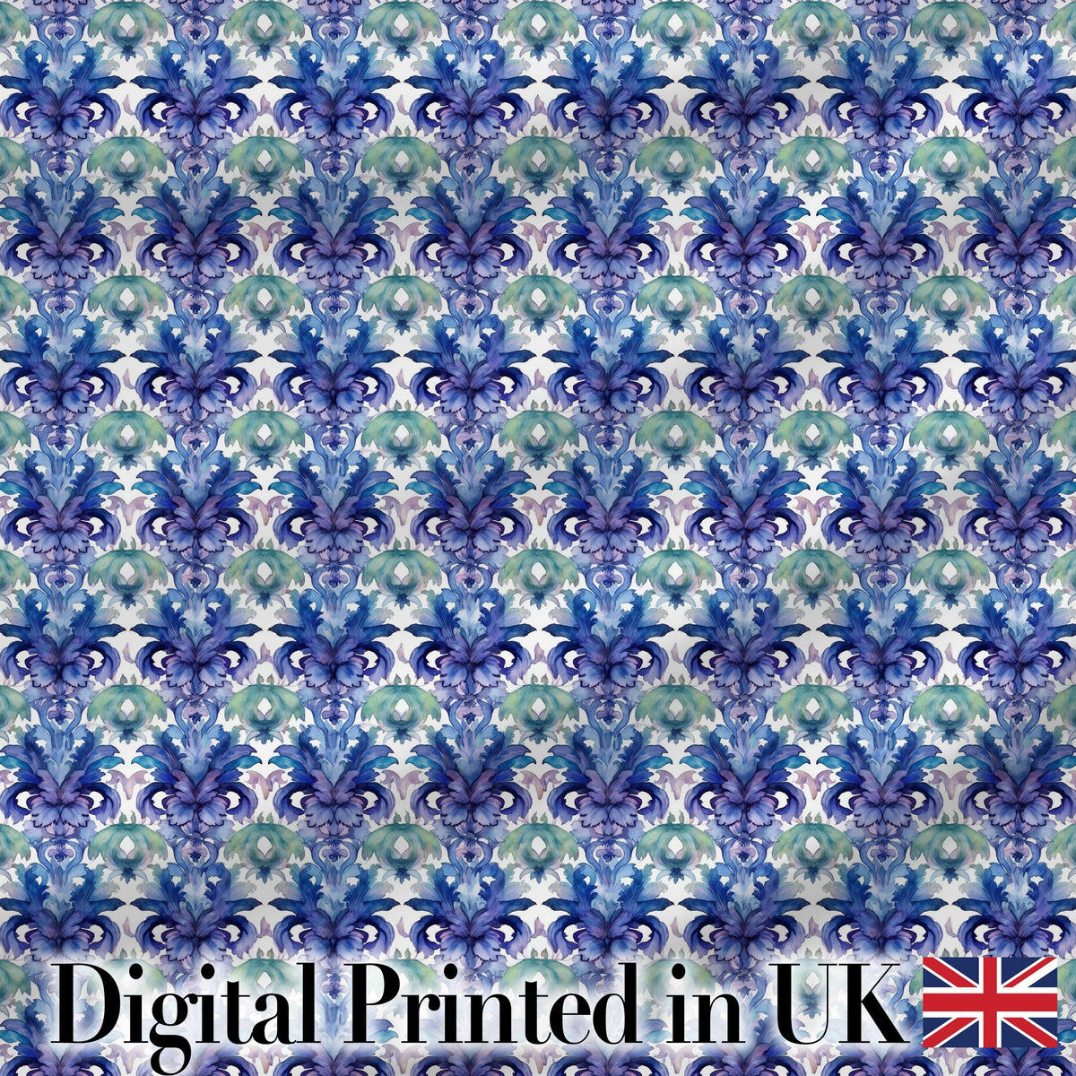Cool Blue and Teal Watercolor Floral Ornamental Seamless Pattern Digital Print Fabric by the Metre UK Sewing Quilting Textile