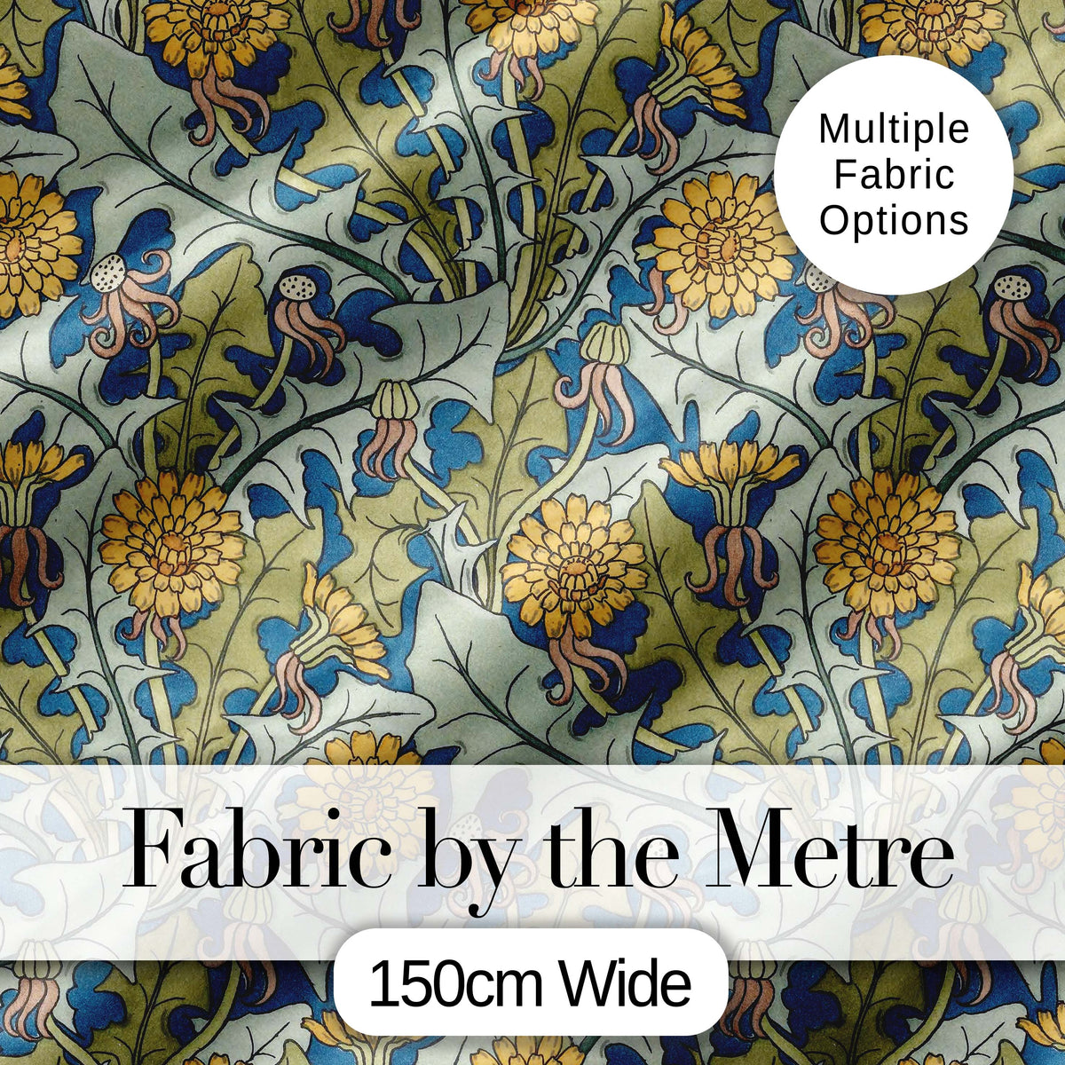 Classic Arts and Crafts Yellow Floral with Green Leaves Seamless Pattern Digital Print Fabric by the Metre UK Sewing Quilting Textile