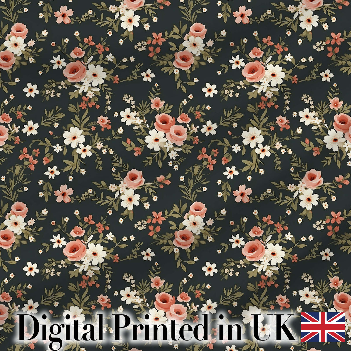 Delicate Peach and White Floral Bouquet on Dark Background Seamless Pattern Digital Print Fabric by the Metre UK Sewing Quilting Textile