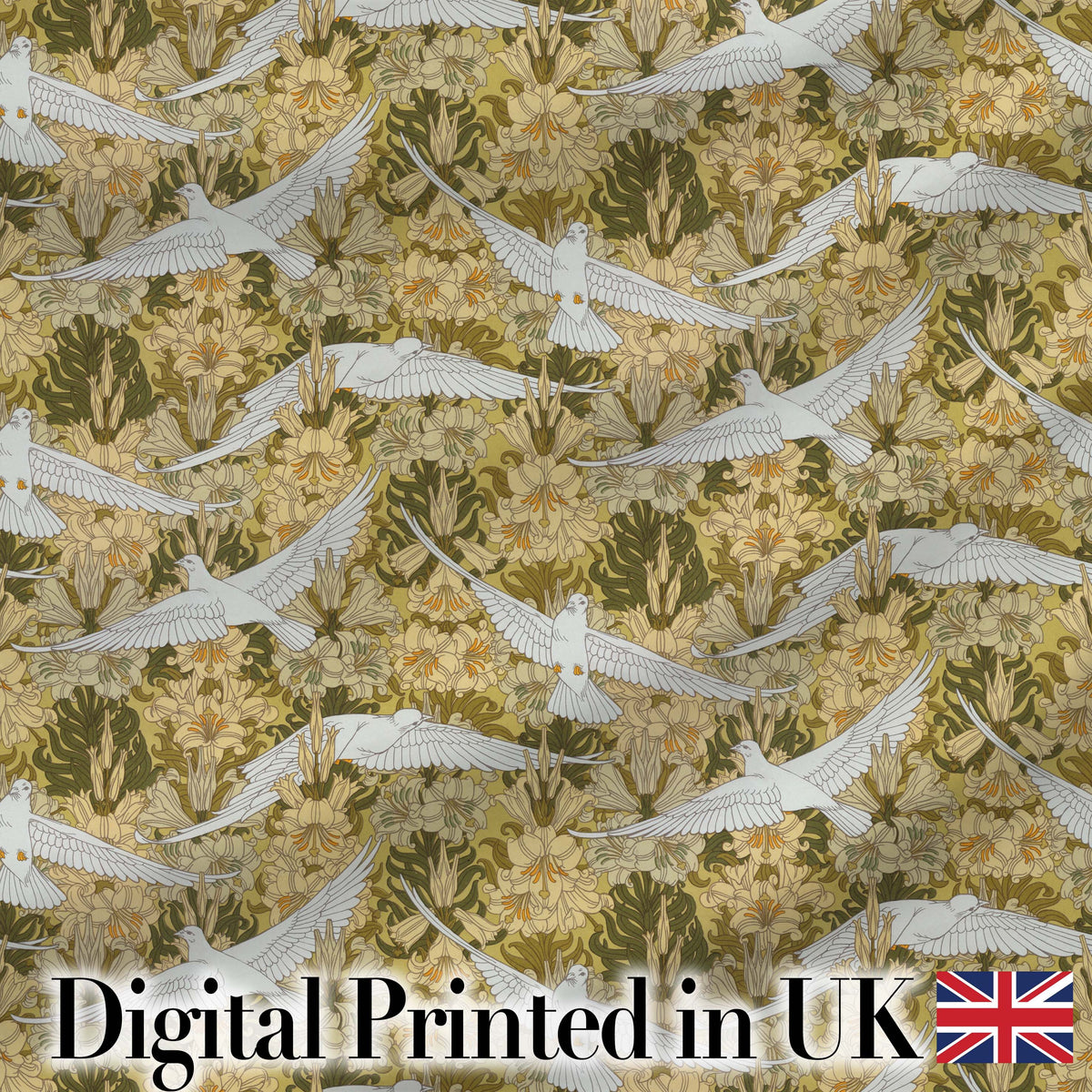 Elegant White Doves with Vintage Floral Background Seamless Pattern Digital Print Fabric by the Metre UK Sewing Quilting Textile