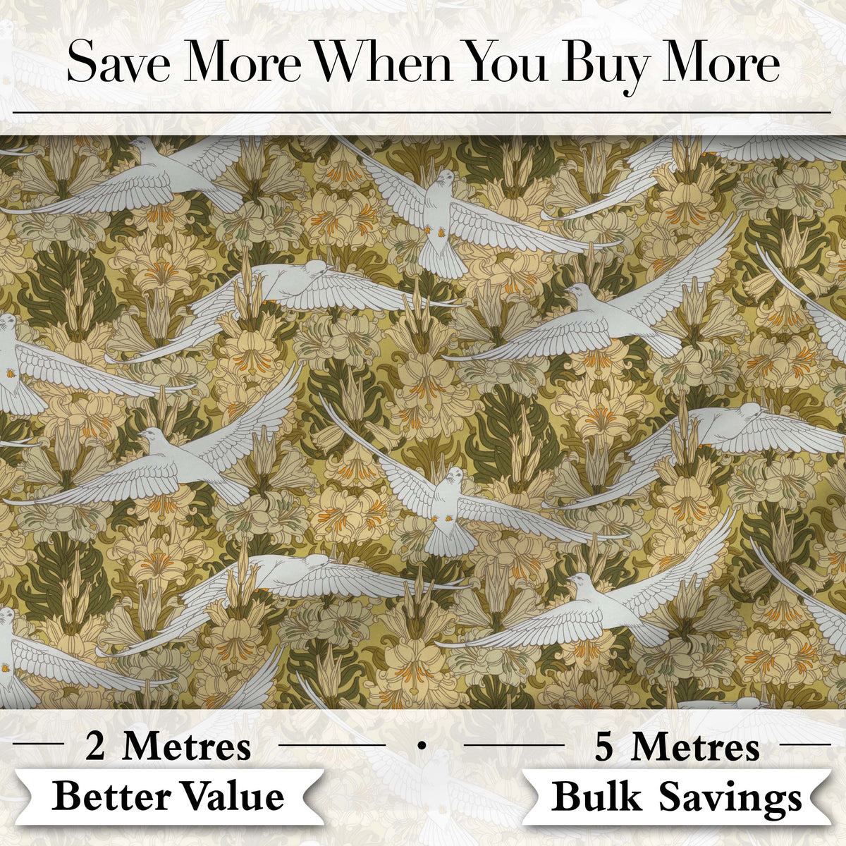 Elegant White Doves with Vintage Floral Background Seamless Pattern Digital Print Fabric by the Metre UK Sewing Quilting Textile