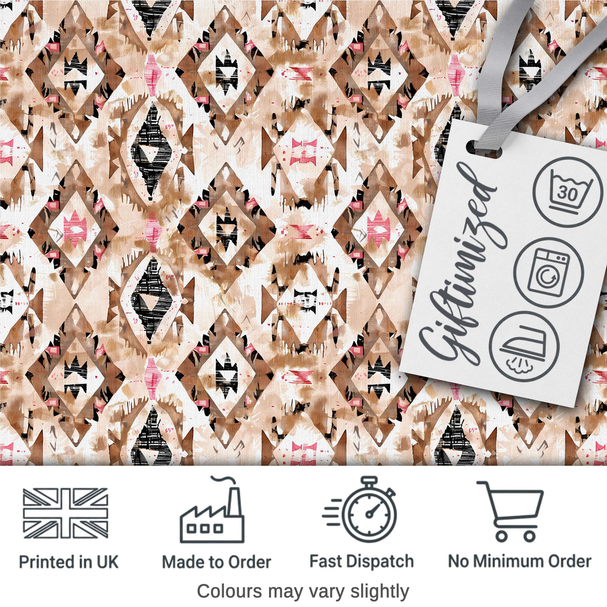 Abstract Boho Tribal Shapes in Neutral Tones Seamless Pattern Digital Print Fabric by the Metre UK Sewing Quilting Textile