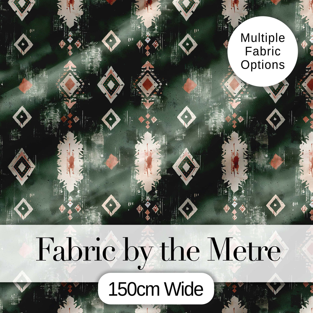 Rustic Green Tribal Ikat Geometric Seamless Pattern Digital Print Fabric by the Metre UK Sewing Quilting Textile