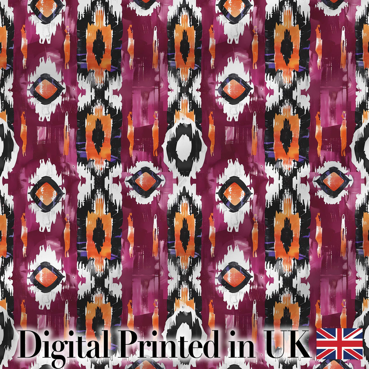 Bold Magenta and Orange Abstract Tribal Seamless Pattern Digital Print Fabric by the Metre UK Sewing Quilting Textile
