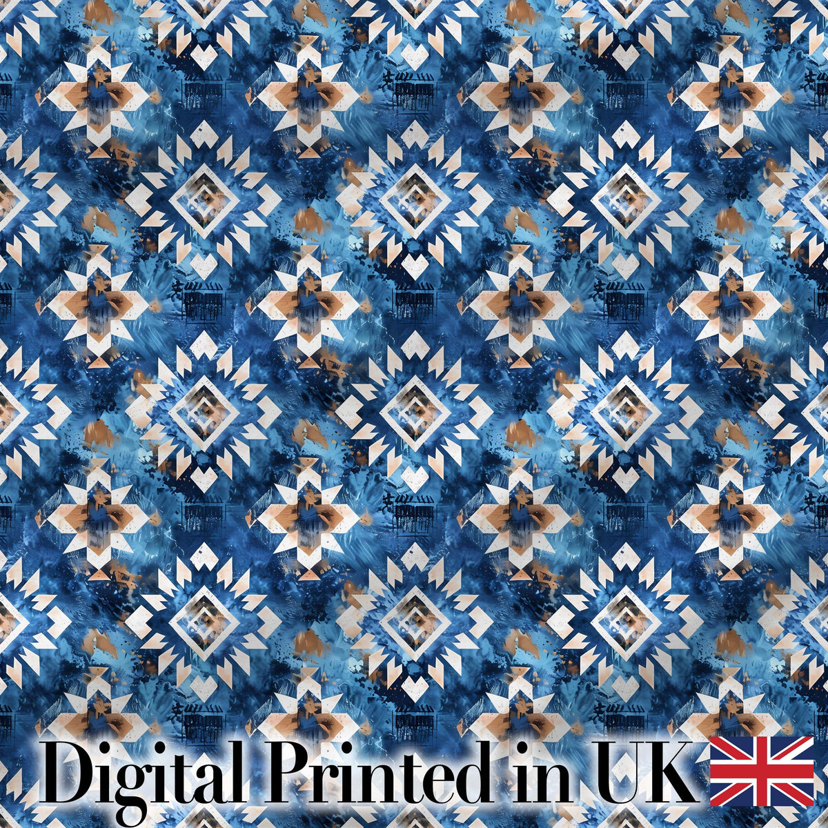 Deep Blue Artistic Tribal Aztec Seamless Pattern Digital Print Fabric by the Metre UK Sewing Quilting Textile