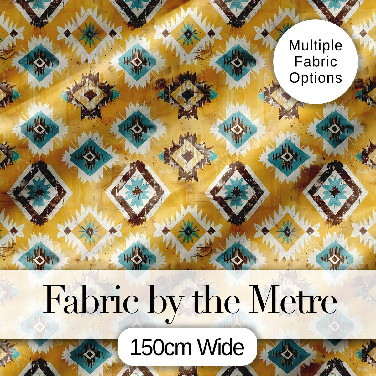 Mustard Yellow and Teal Aztec Geometric Tribal Seamless Pattern Digital Print Fabric by the Metre UK Sewing Quilting Textile
