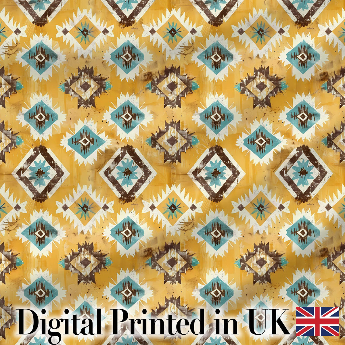 Mustard Yellow and Teal Aztec Geometric Tribal Seamless Pattern Digital Print Fabric by the Metre UK Sewing Quilting Textile