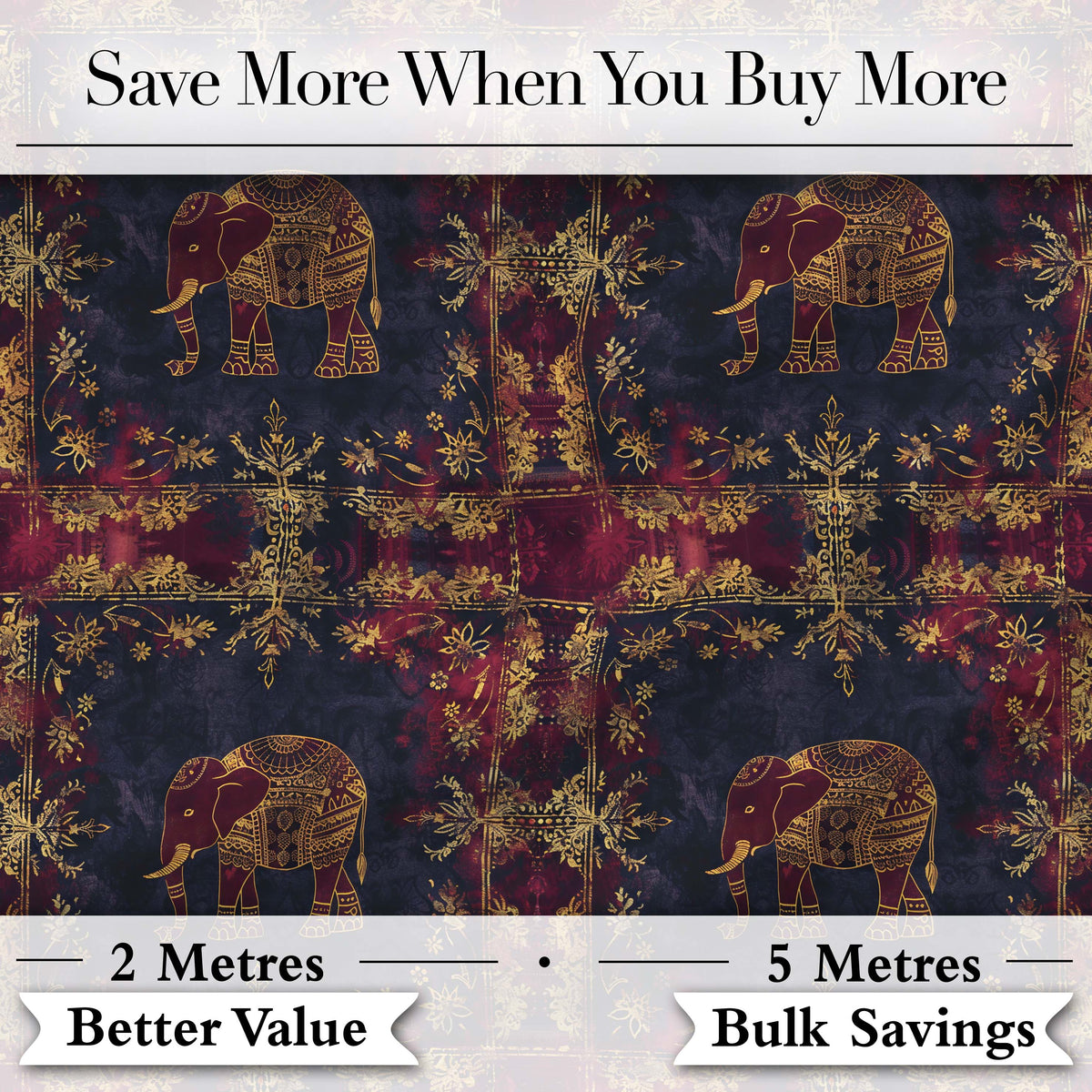 Ornate Gold Elephant and Floral Vintage Seamless Pattern Digital Print Fabric by the Metre UK Sewing Quilting Textile