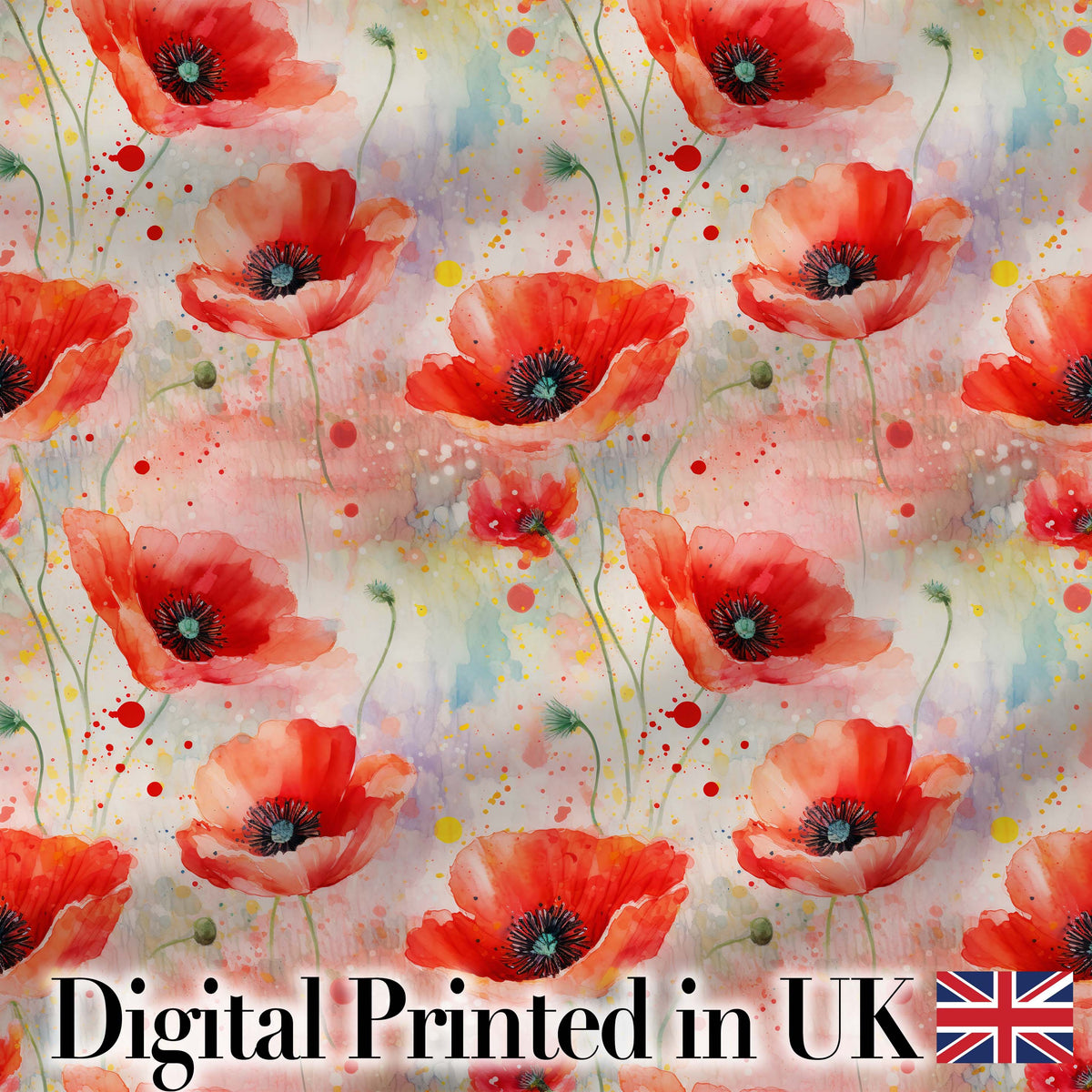 Watercolor Red Poppy Flowers Soft Artistic Seamless Pattern Digital Print Fabric by the Metre UK Sewing Quilting Textile