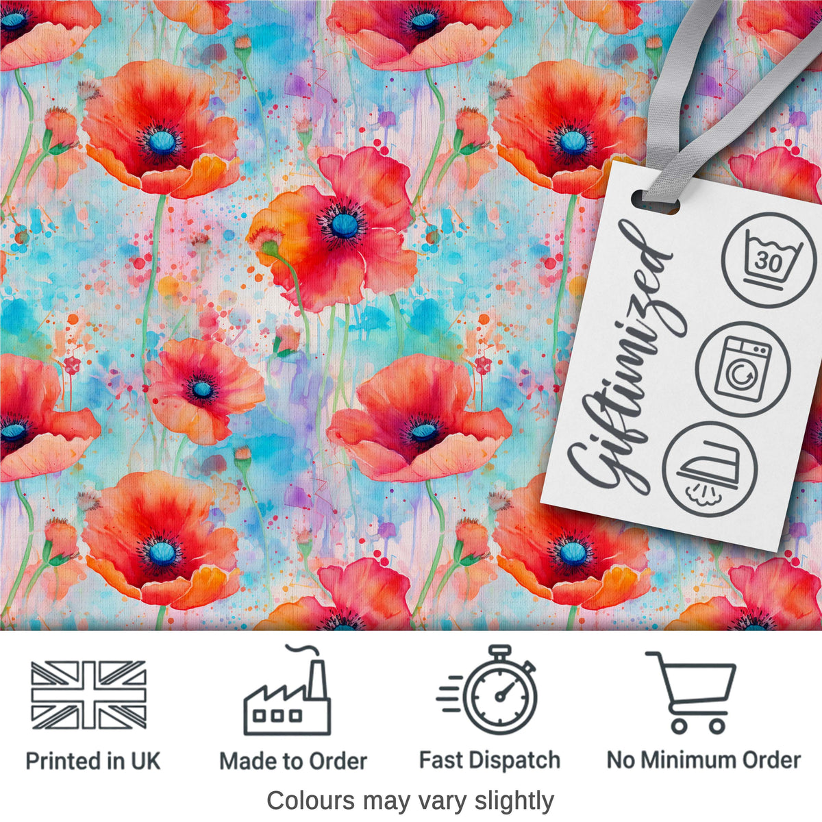 Bright Poppy Flowers on Soft Blue Watercolor Background Seamless Pattern Digital Print Fabric by the Metre UK Sewing Quilting Textile