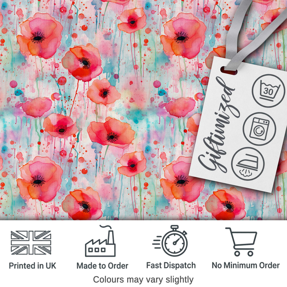 Dreamy Watercolor Poppy Flowers with Dripping Paint Seamless Pattern Digital Print Fabric by the Metre UK Sewing Quilting Textile