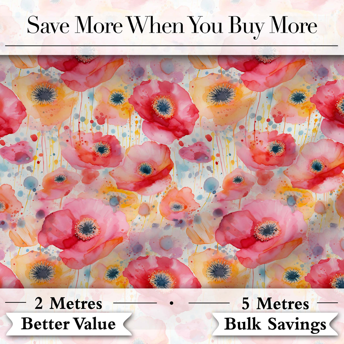 Soft Pastel Poppy Floral Watercolor Artistic Seamless Pattern Digital Print Fabric by the Metre UK Sewing Quilting Textile