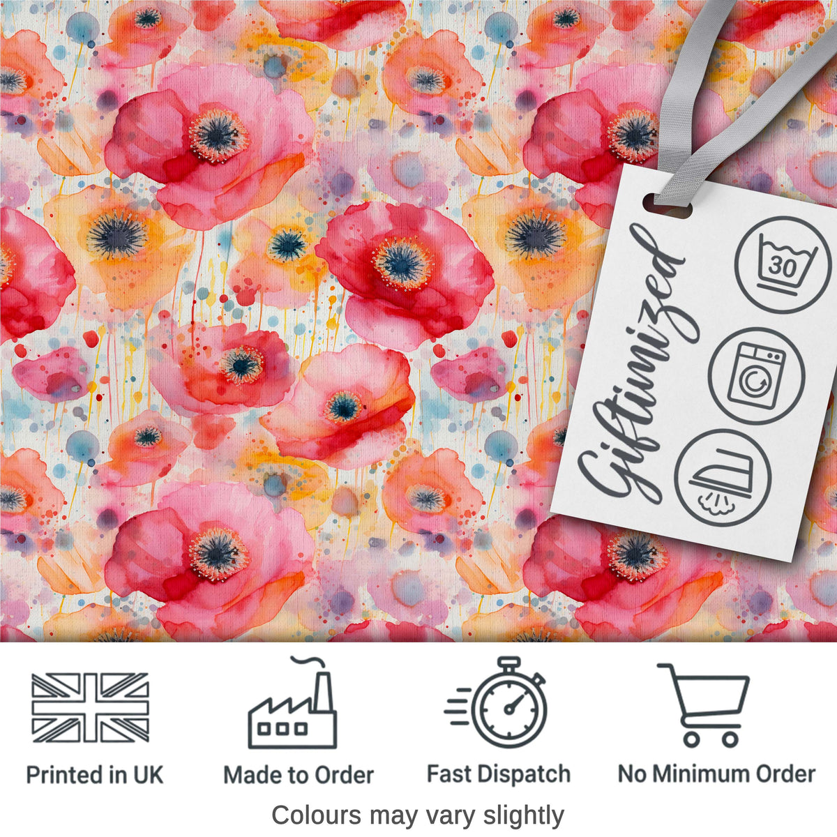 Soft Pastel Poppy Floral Watercolor Artistic Seamless Pattern Digital Print Fabric by the Metre UK Sewing Quilting Textile