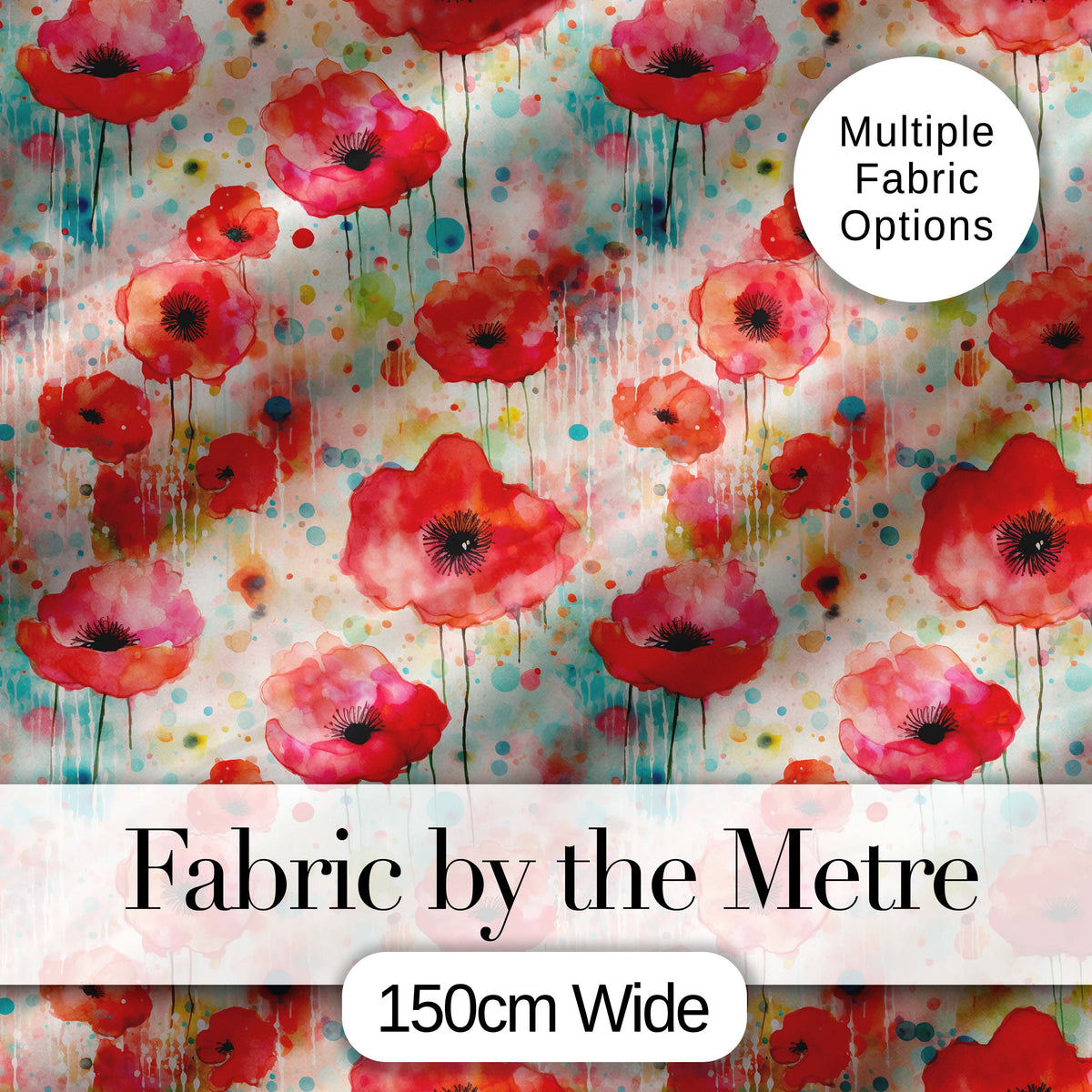 Dreamy Red Poppy Flowers with Paint Drip Effect Seamless Pattern Digital Print Fabric by the Metre UK Sewing Quilting Textile