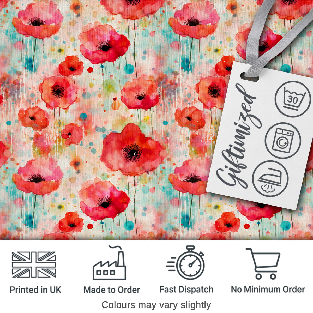 Dreamy Red Poppy Flowers with Paint Drip Effect Seamless Pattern Digital Print Fabric by the Metre UK Sewing Quilting Textile