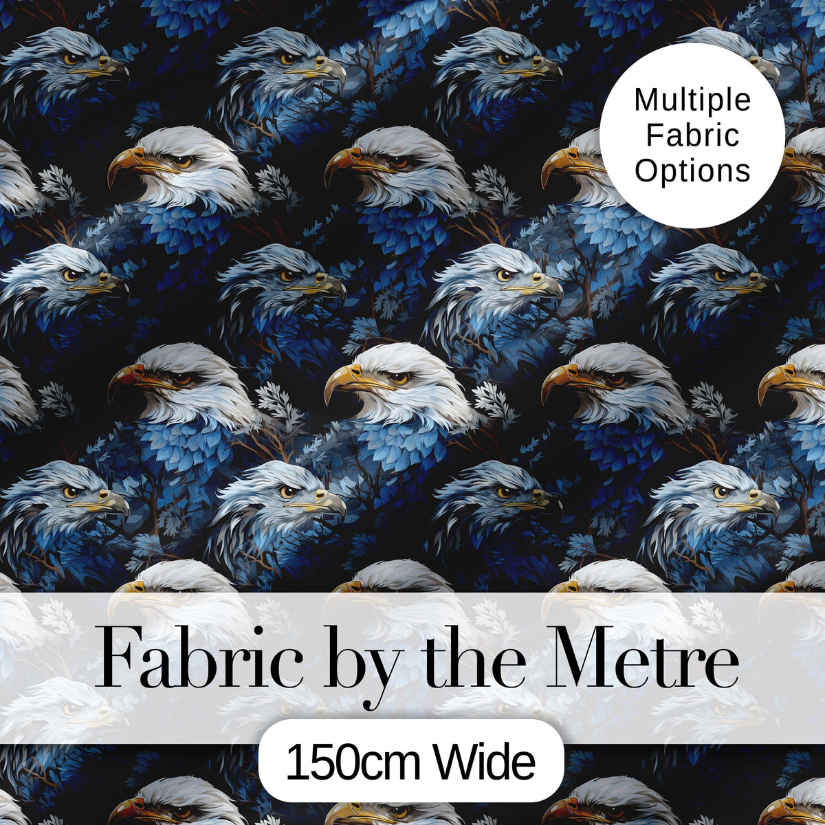 Detailed Blue Tone Eagle Wildlife Seamless Pattern Digital Print Fabric by the Metre UK Sewing Quilting Textile