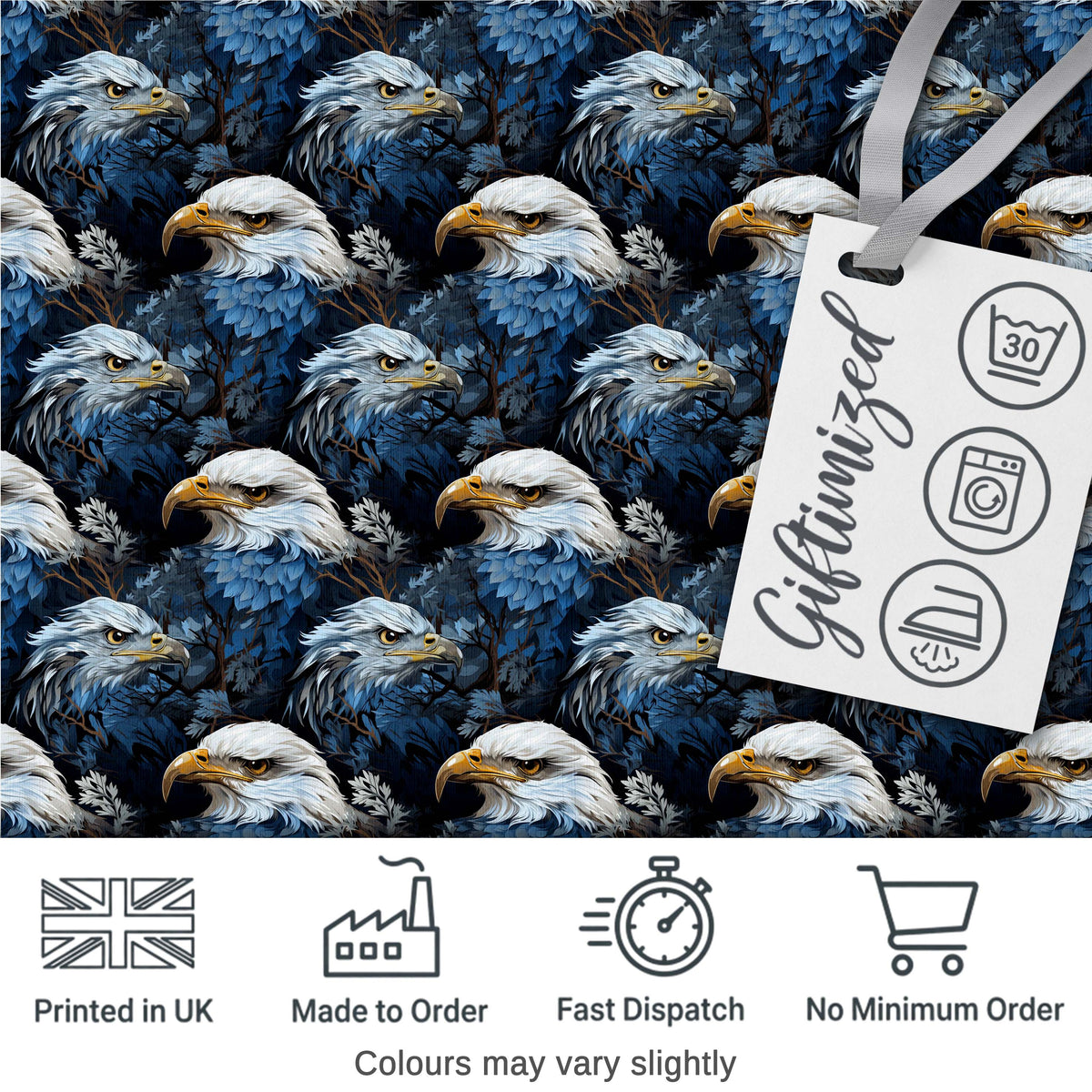 Detailed Blue Tone Eagle Wildlife Seamless Pattern Digital Print Fabric by the Metre UK Sewing Quilting Textile