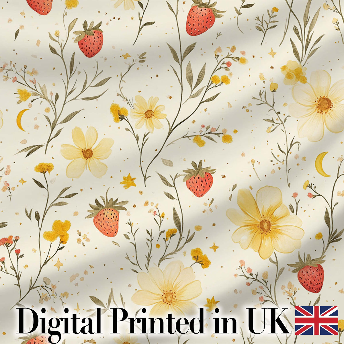 Delicate Strawberry and Wildflower Botanical Seamless Pattern Digital Print Fabric by the Metre UK Sewing Quilting Textile