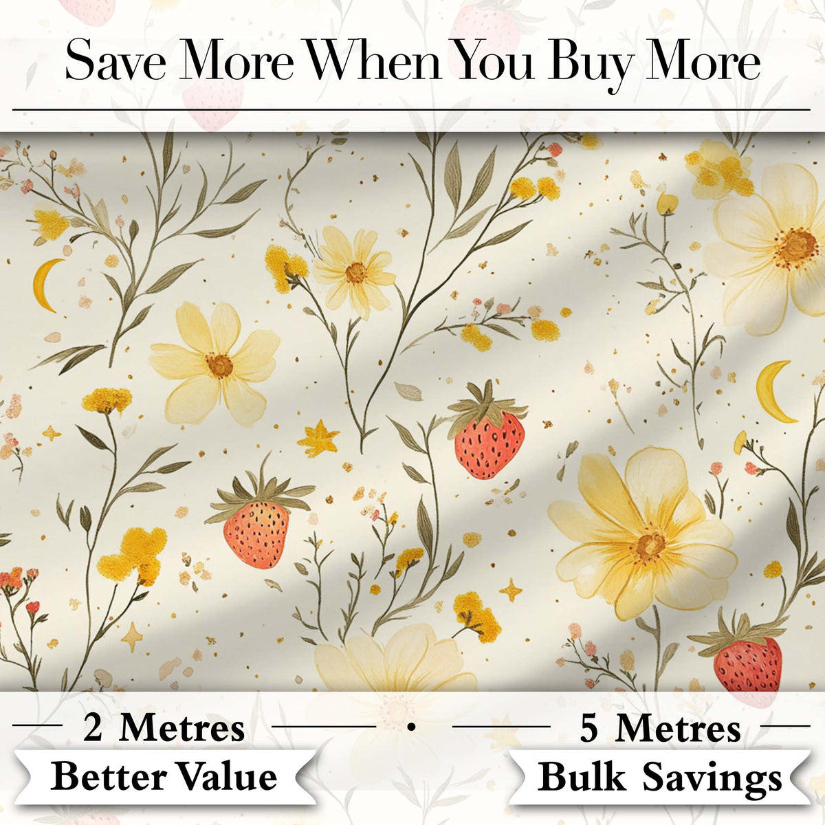 Delicate Strawberry and Wildflower Botanical Seamless Pattern Digital Print Fabric by the Metre UK Sewing Quilting Textile