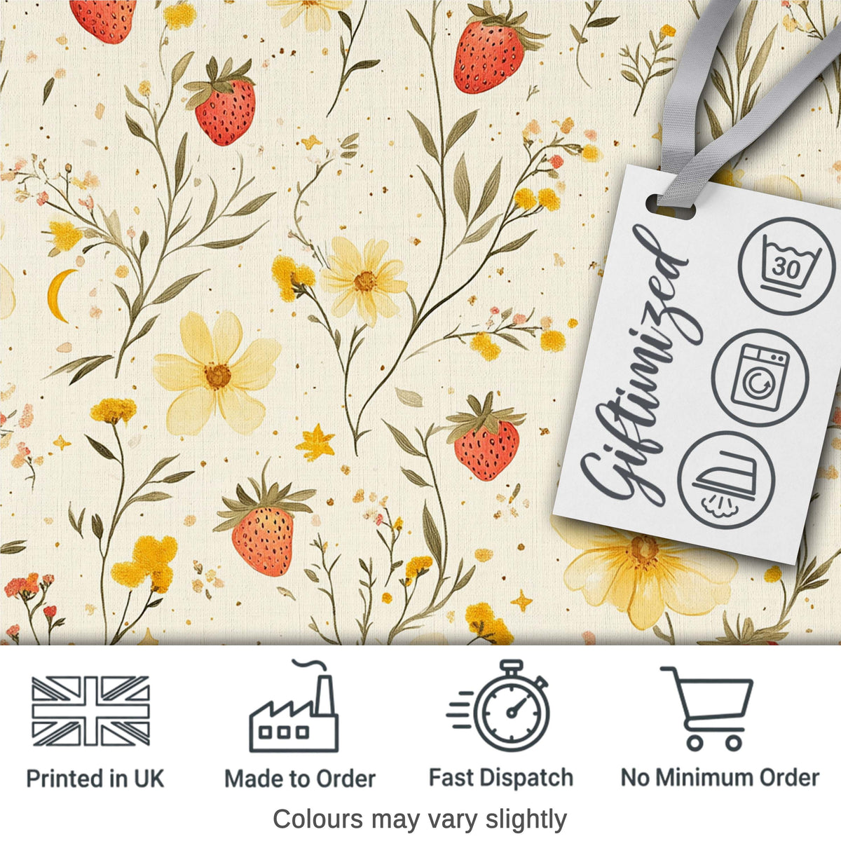Delicate Strawberry and Wildflower Botanical Seamless Pattern Digital Print Fabric by the Metre UK Sewing Quilting Textile