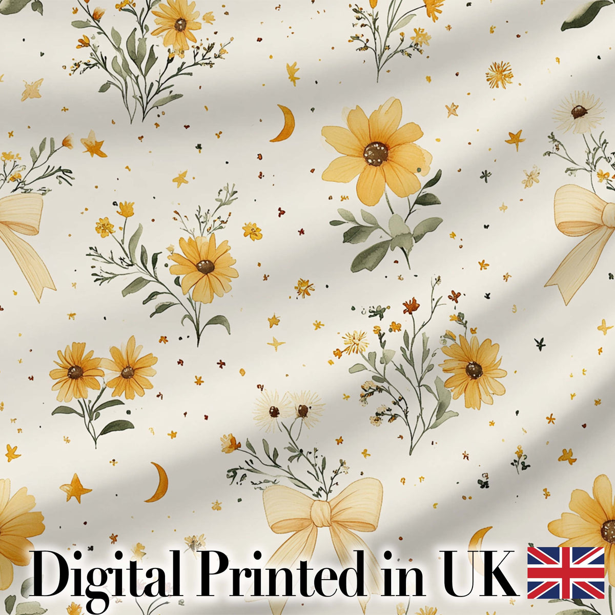 Yellow Wildflower Botanical with Moon and Stars Seamless Pattern Digital Print Fabric by the Metre UK Sewing Quilting Textile