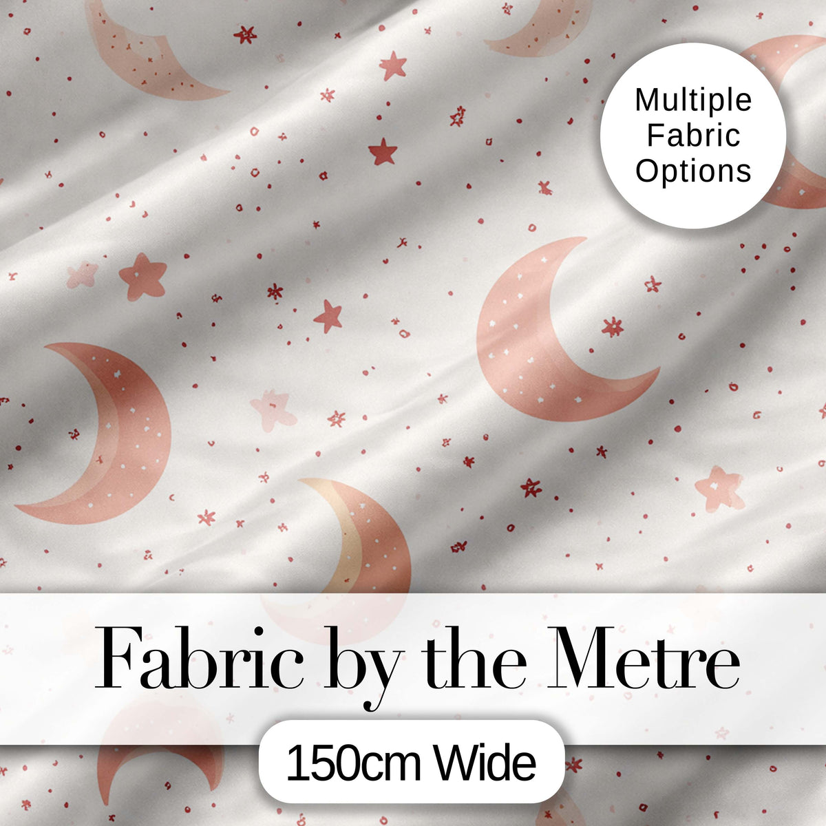 Soft Pink Crescent Moon and Stars Minimal Seamless Pattern Digital Print Fabric by the Metre UK Sewing Quilting Textile