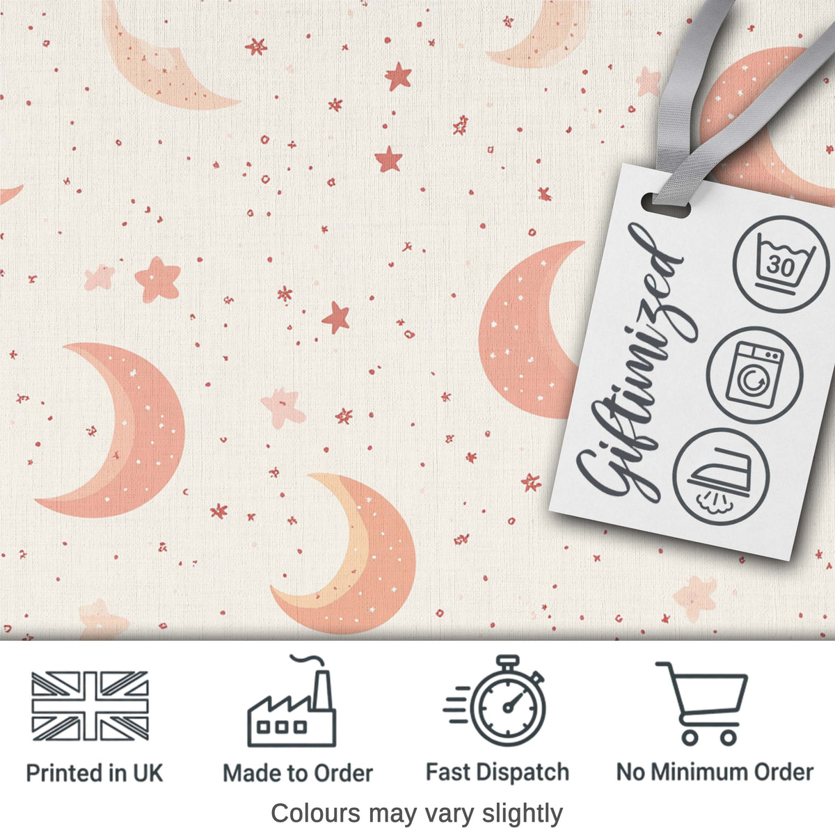 Soft Pink Crescent Moon and Stars Minimal Seamless Pattern Digital Print Fabric by the Metre UK Sewing Quilting Textile