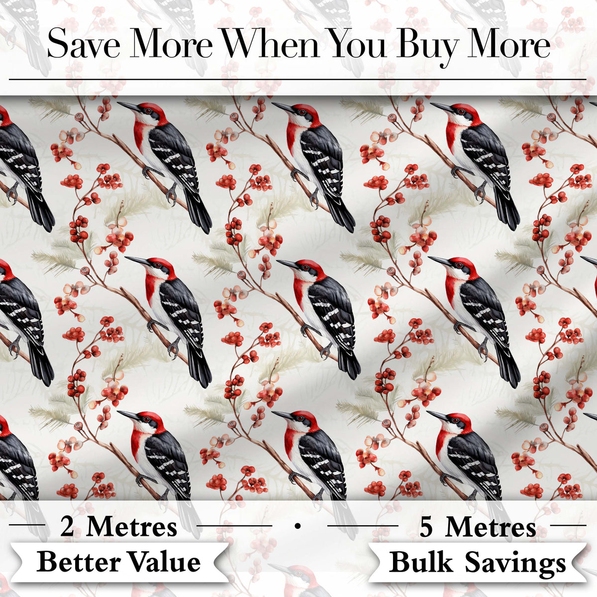 Realistic Red Headed Woodpecker on Berry Branch Seamless Pattern Digital Print Fabric by the Metre UK Sewing Quilting Textile