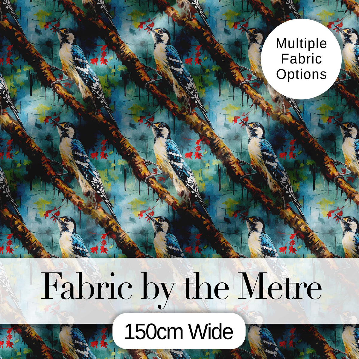 Artistic Blue Woodpecker on Tree Branch Seamless Pattern Digital Print Fabric by the Metre UK Sewing Quilting Textile