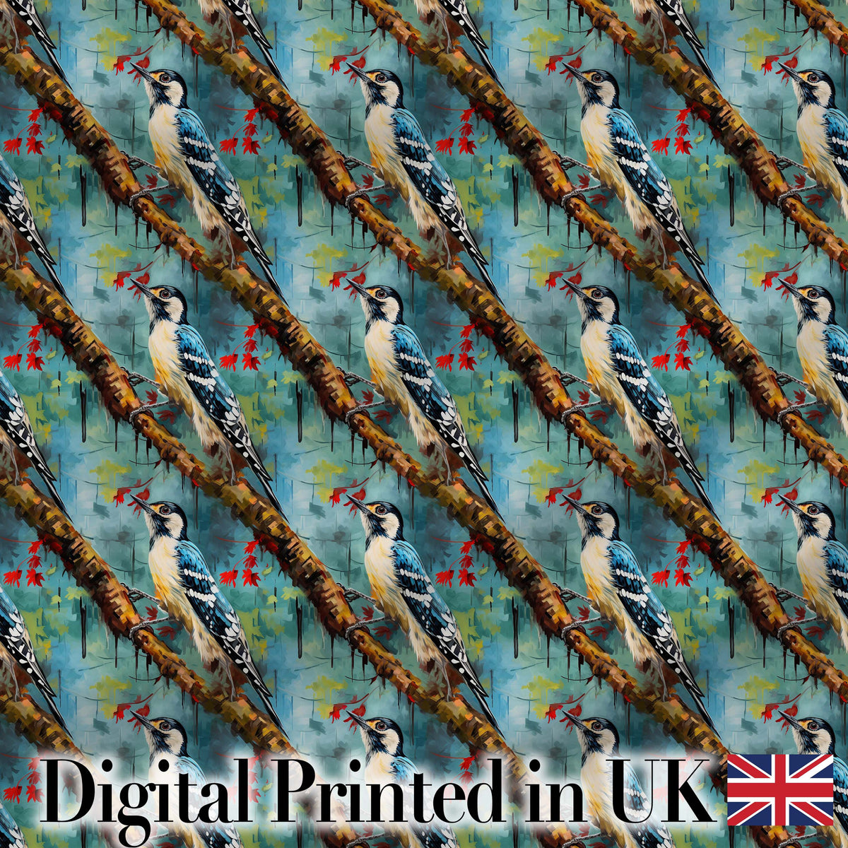 Artistic Blue Woodpecker on Tree Branch Seamless Pattern Digital Print Fabric by the Metre UK Sewing Quilting Textile