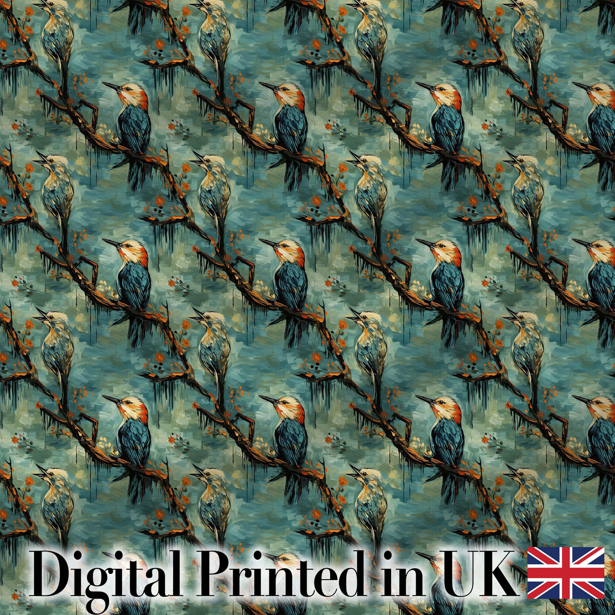 Painterly Blue and Orange Birds on Branch Seamless Pattern Digital Print Fabric by the Metre UK Sewing Quilting Textile