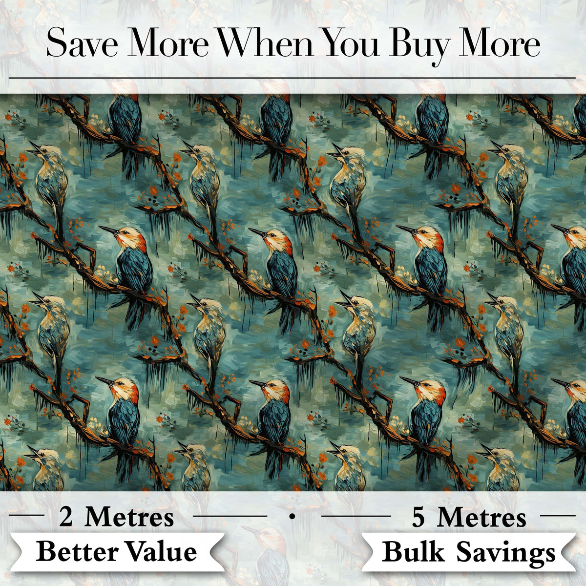 Painterly Blue and Orange Birds on Branch Seamless Pattern Digital Print Fabric by the Metre UK Sewing Quilting Textile