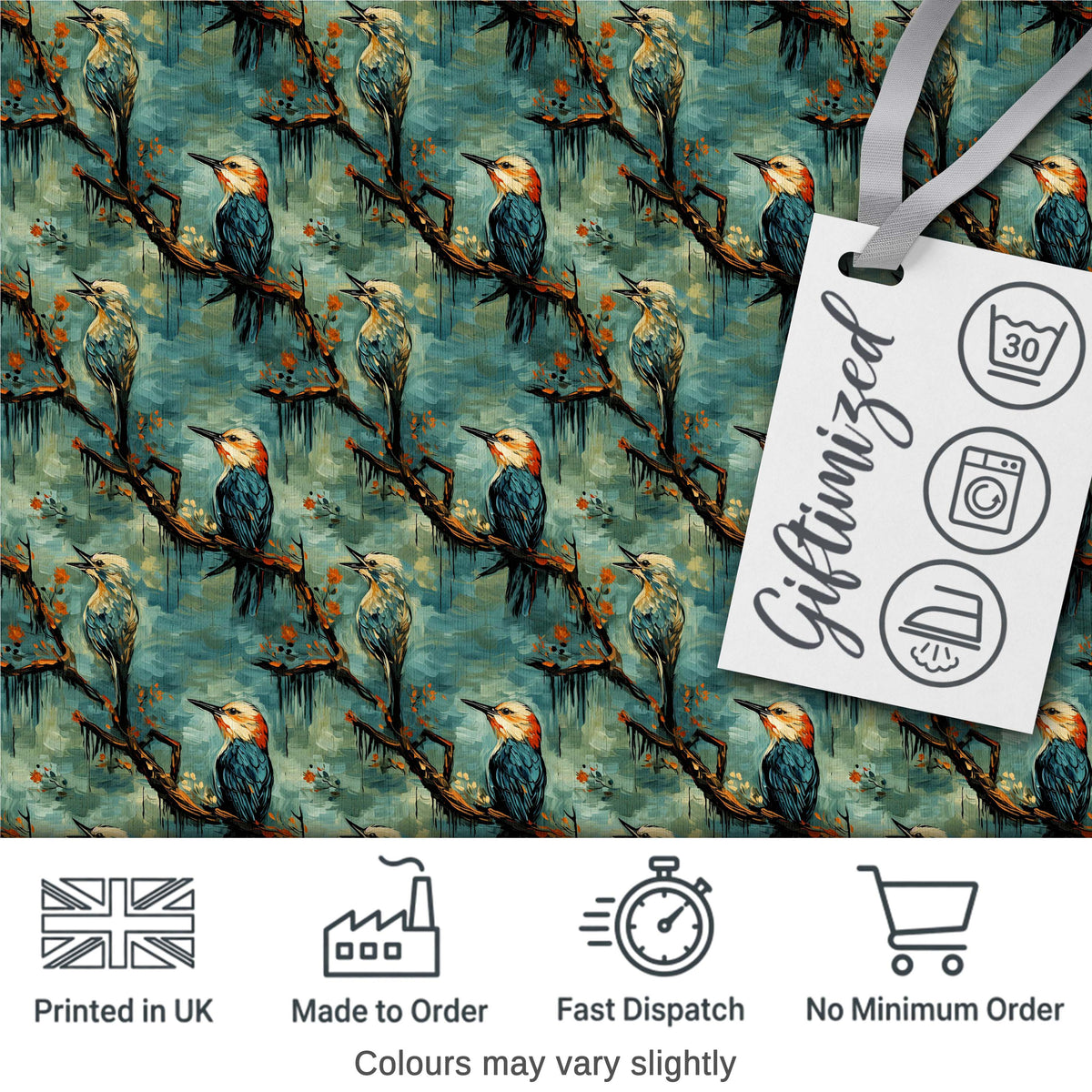 Painterly Blue and Orange Birds on Branch Seamless Pattern Digital Print Fabric by the Metre UK Sewing Quilting Textile