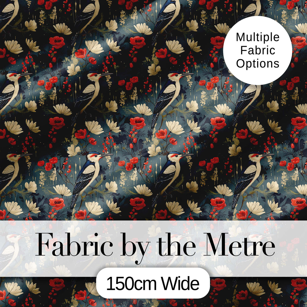 Vintage Woodpecker Birds with Floral Garden Seamless Pattern Digital Print Fabric by the Metre UK Sewing Quilting Textile