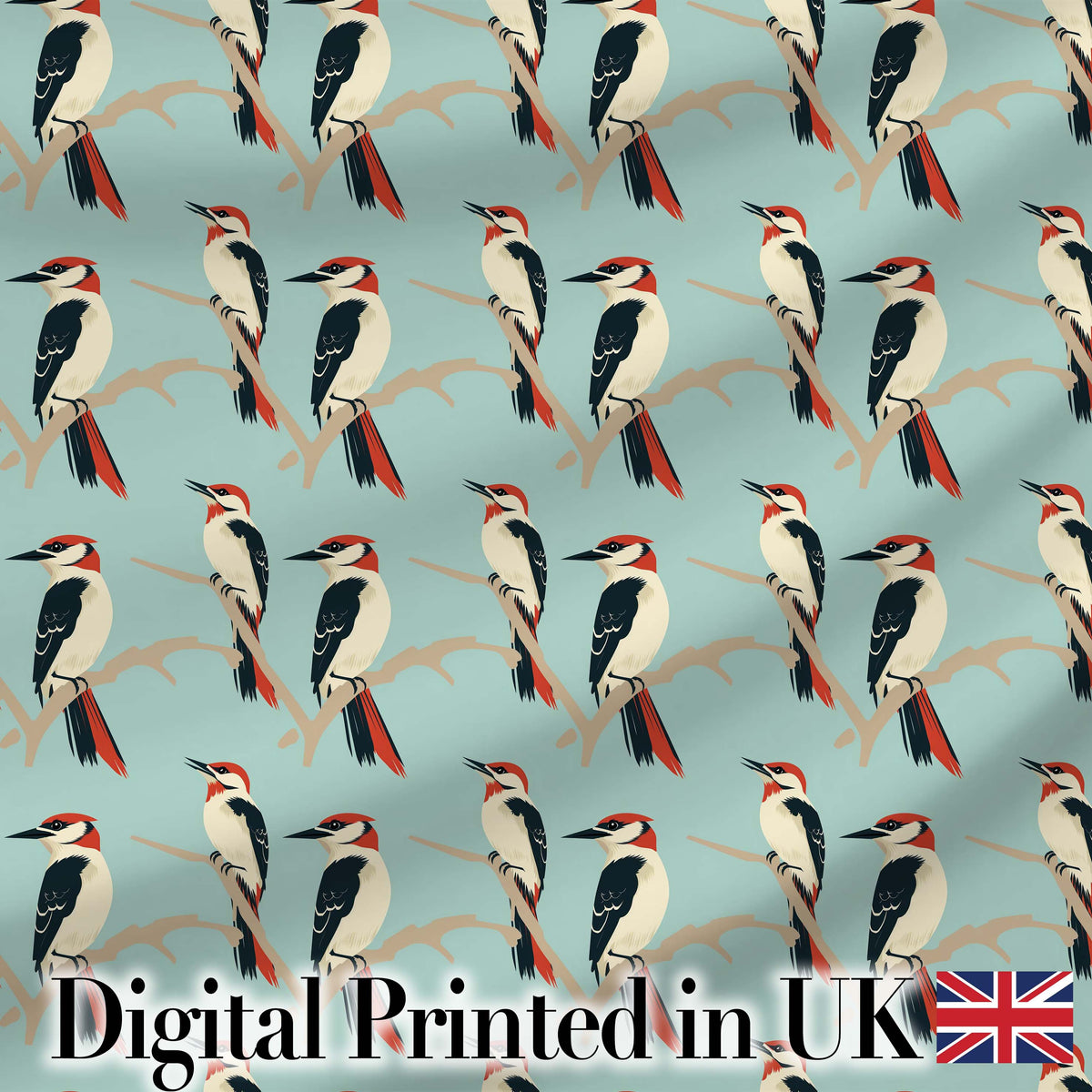 Minimal Red and Black Woodpecker Birds on Branch Seamless Pattern Digital Print Fabric by the Metre UK Sewing Quilting Textile