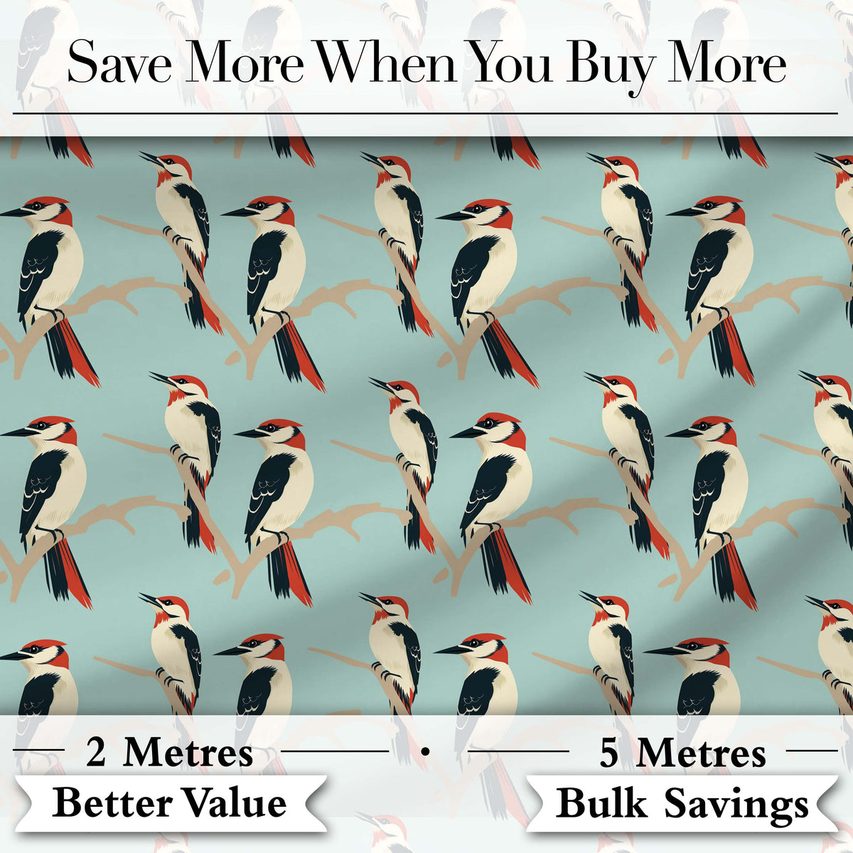 Minimal Red and Black Woodpecker Birds on Branch Seamless Pattern Digital Print Fabric by the Metre UK Sewing Quilting Textile