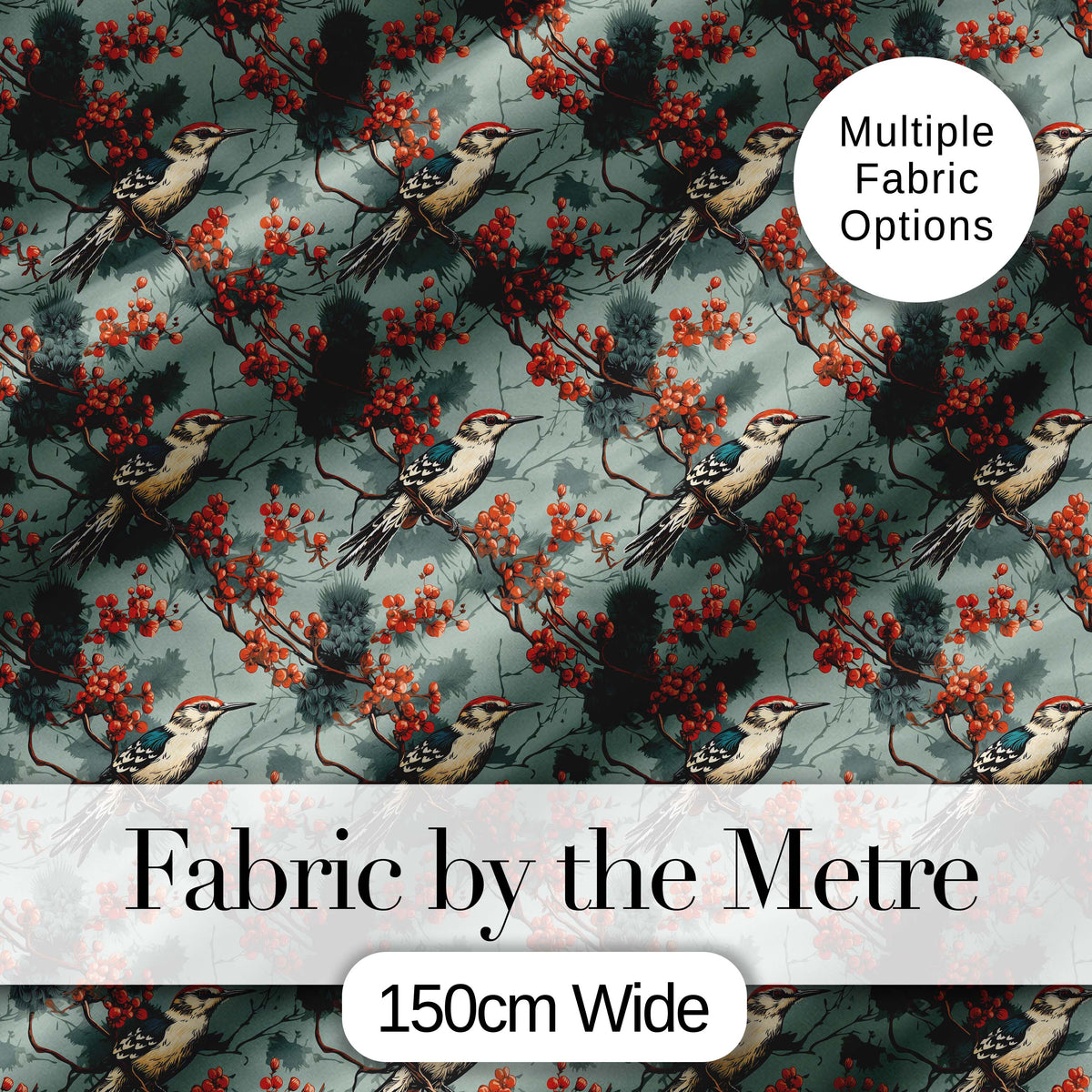 Decorative Bird with Red Berry Branch Seamless Pattern Digital Print Fabric by the Metre UK Sewing Quilting Textile