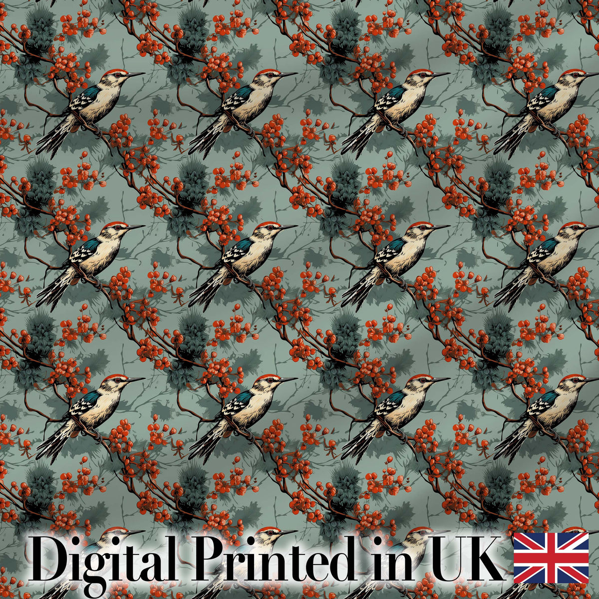 Decorative Bird with Red Berry Branch Seamless Pattern Digital Print Fabric by the Metre UK Sewing Quilting Textile