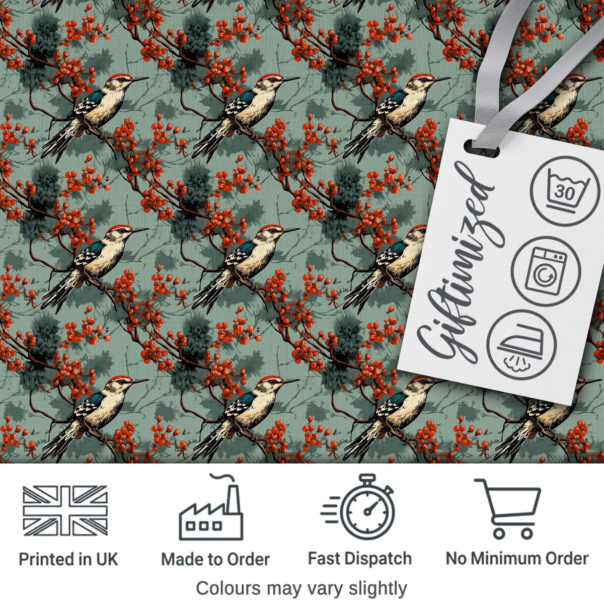 Decorative Bird with Red Berry Branch Seamless Pattern Digital Print Fabric by the Metre UK Sewing Quilting Textile