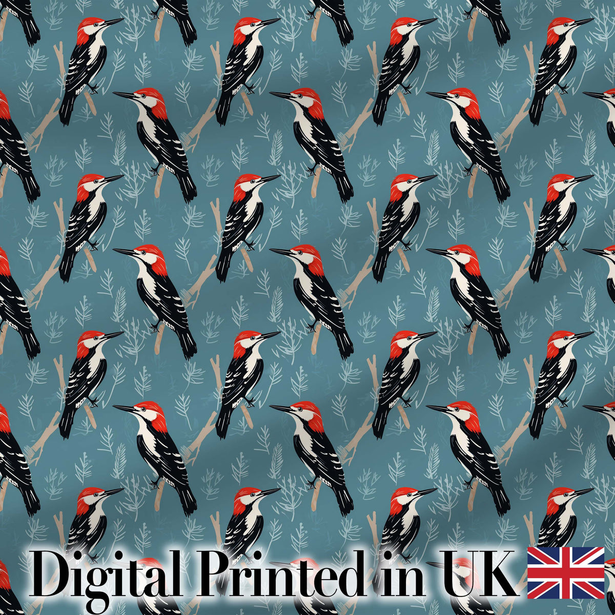 Red Headed Woodpecker Birds on Blue Forest Background Seamless Pattern Digital Print Fabric by the Metre UK Sewing Quilting Textile