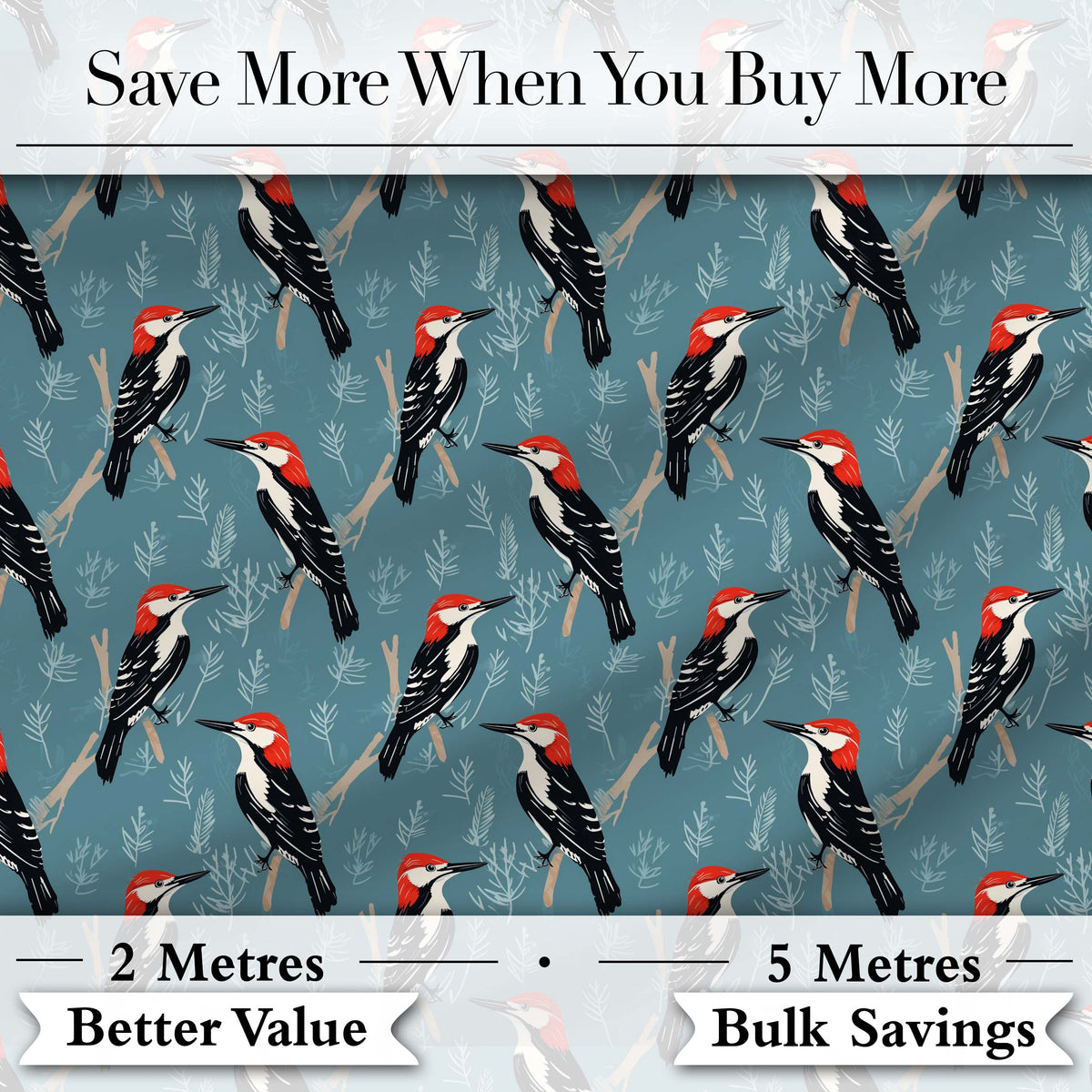 Red Headed Woodpecker Birds on Blue Forest Background Seamless Pattern Digital Print Fabric by the Metre UK Sewing Quilting Textile