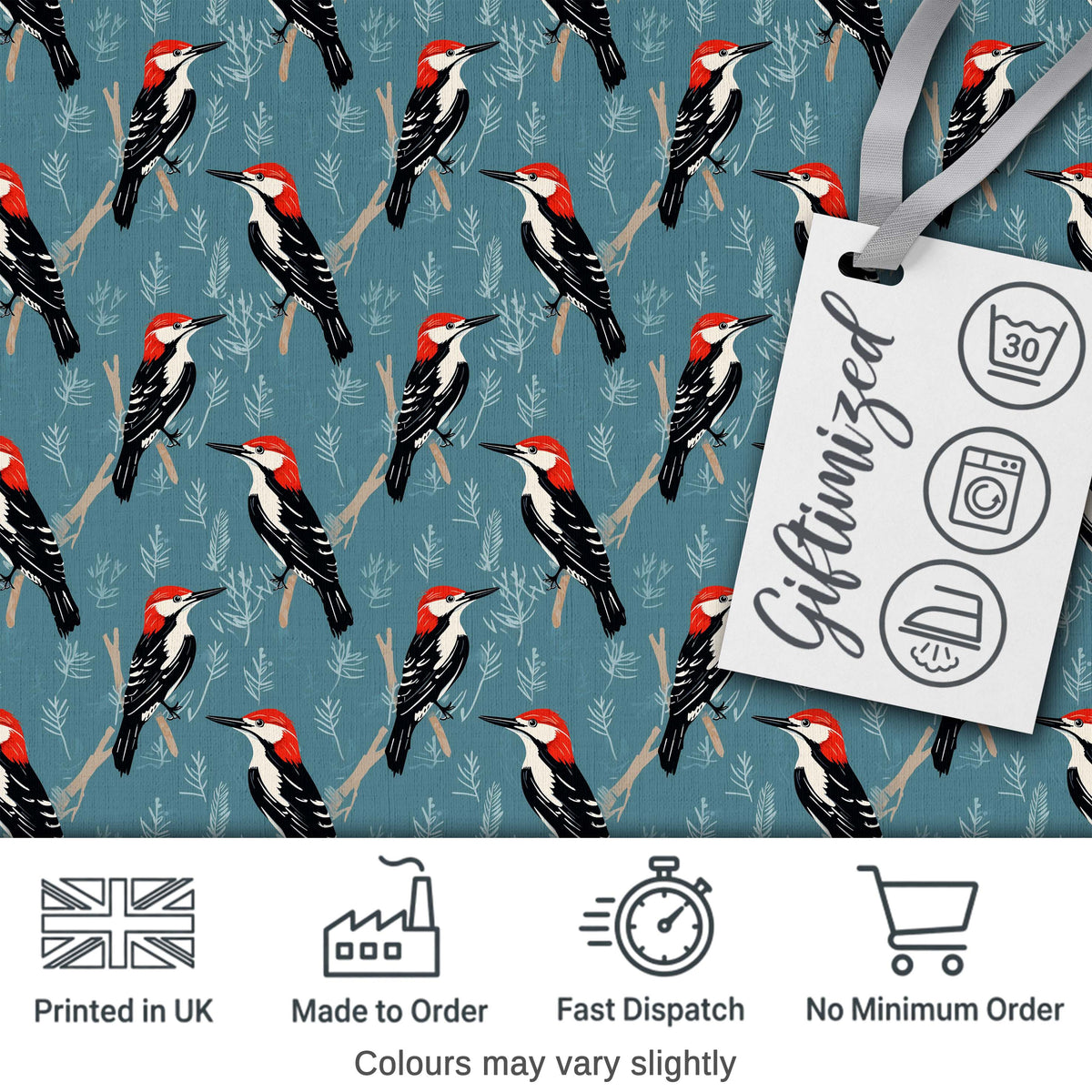 Red Headed Woodpecker Birds on Blue Forest Background Seamless Pattern Digital Print Fabric by the Metre UK Sewing Quilting Textile