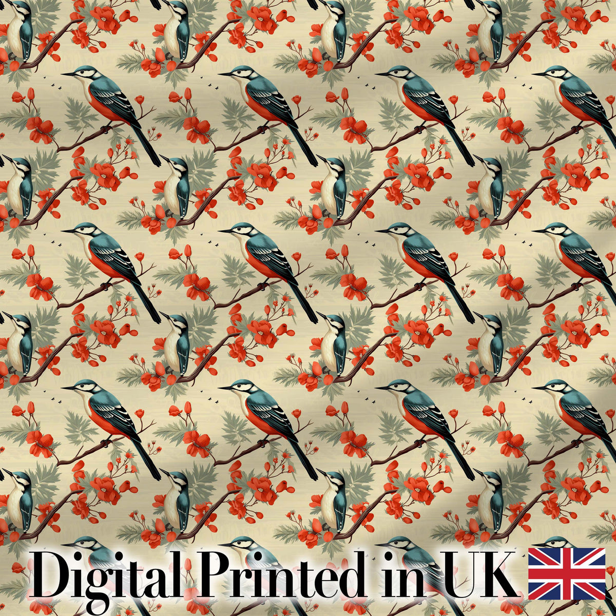 Blue and Red Birds with Floral Branch Garden Seamless Pattern Digital Print Fabric by the Metre UK Sewing Quilting Textile