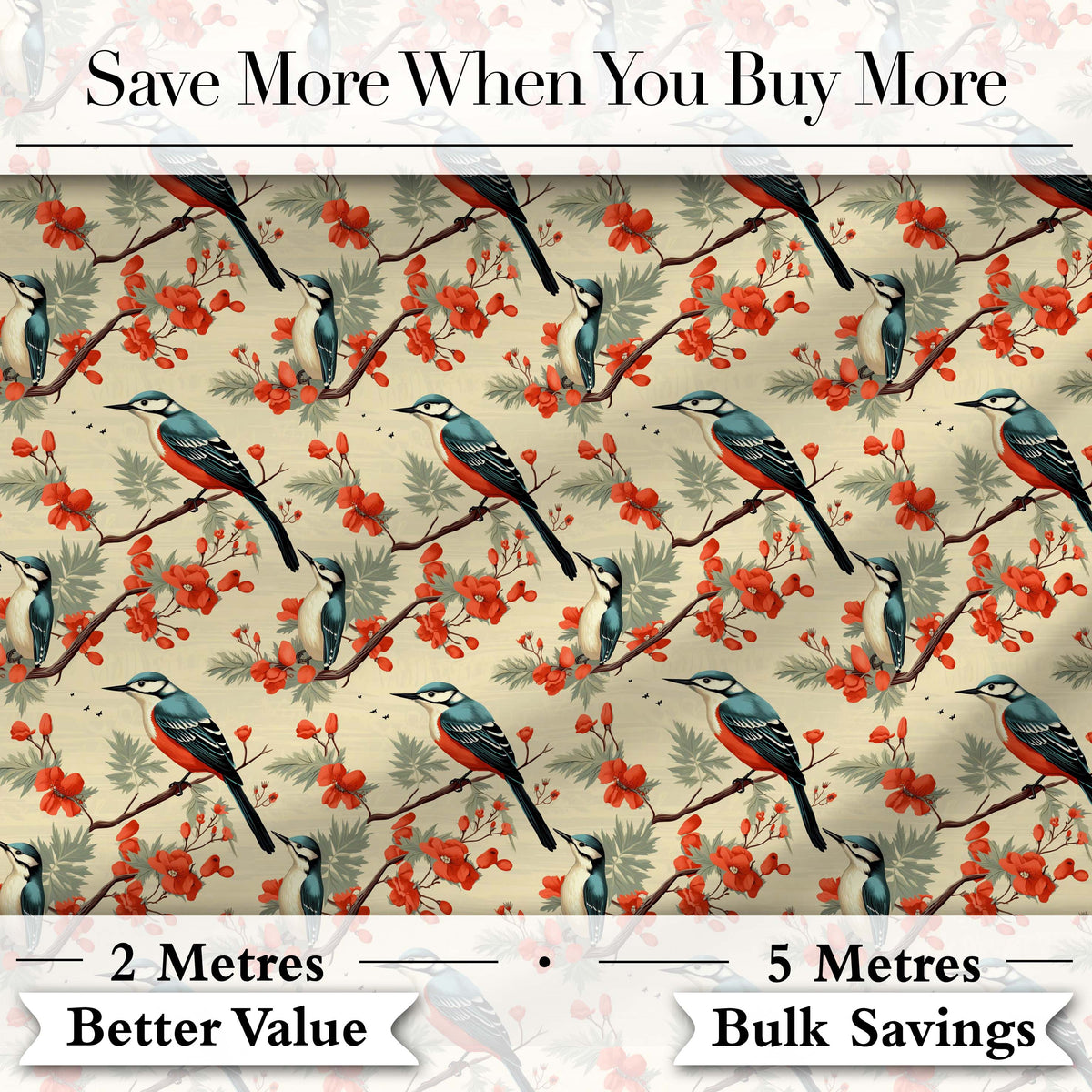 Blue and Red Birds with Floral Branch Garden Seamless Pattern Digital Print Fabric by the Metre UK Sewing Quilting Textile