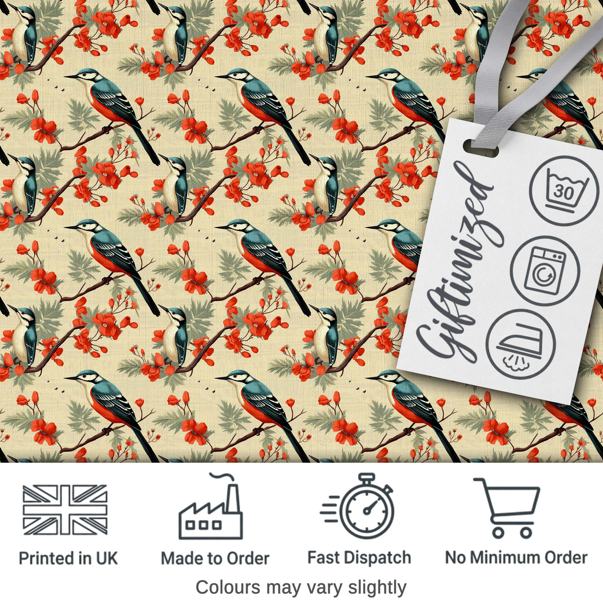 Blue and Red Birds with Floral Branch Garden Seamless Pattern Digital Print Fabric by the Metre UK Sewing Quilting Textile