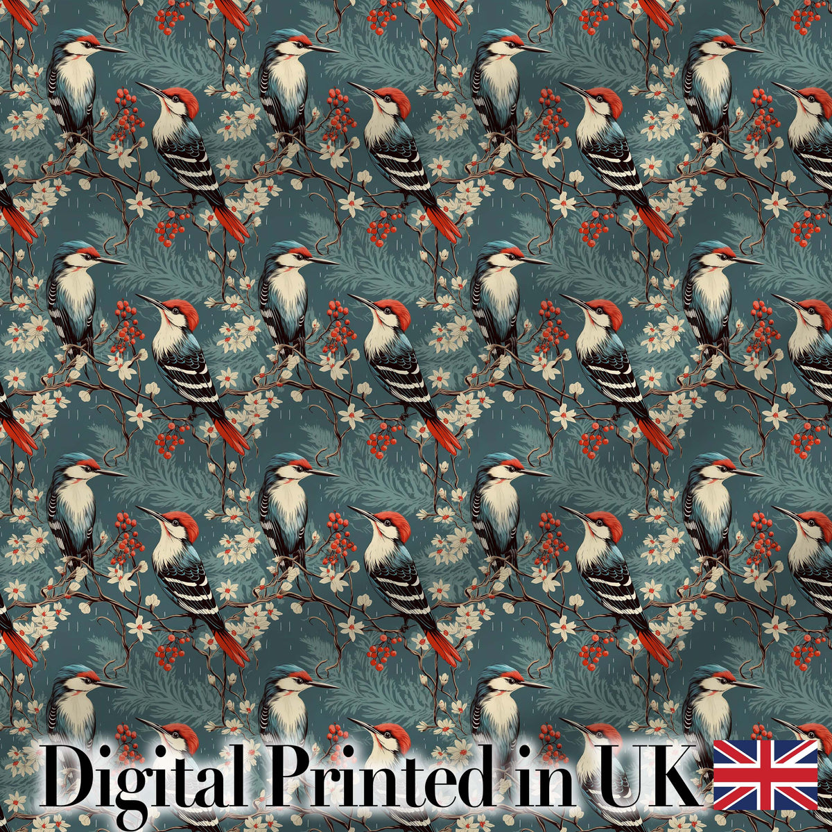 Vintage Style Woodpecker Birds with Blossoms and Berries Seamless Pattern Digital Print Fabric by the Metre UK Sewing Quilting Textile