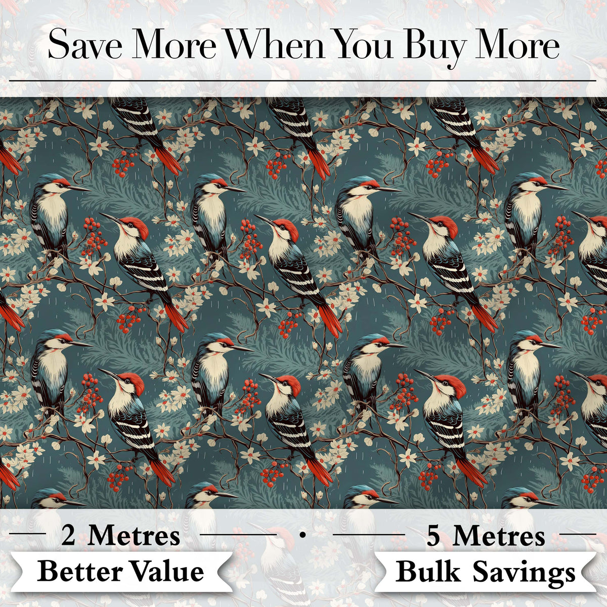 Vintage Style Woodpecker Birds with Blossoms and Berries Seamless Pattern Digital Print Fabric by the Metre UK Sewing Quilting Textile