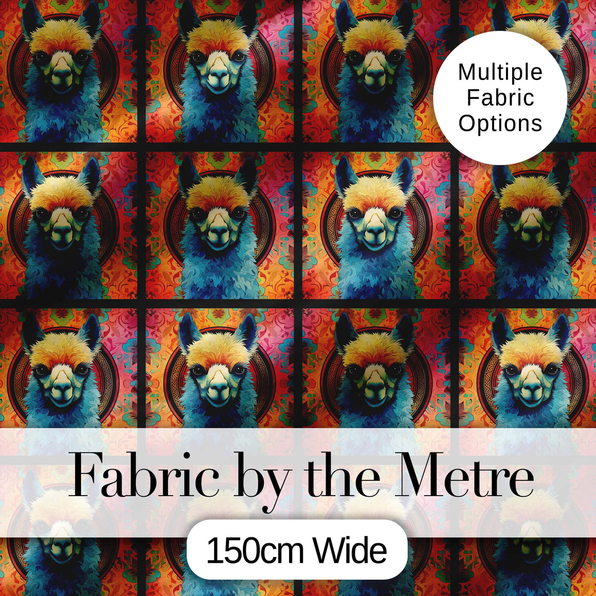 Colorful Llama Portrait with Vibrant Boho Pattern Background Seamless Pattern Digital Print Fabric by the Metre UK Sewing Quilting Textile