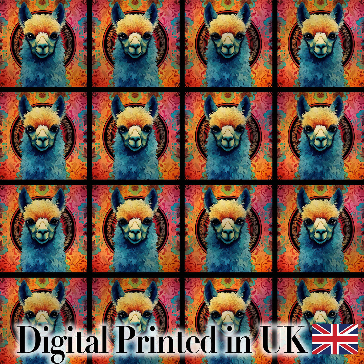 Colorful Llama Portrait with Vibrant Boho Pattern Background Seamless Pattern Digital Print Fabric by the Metre UK Sewing Quilting Textile